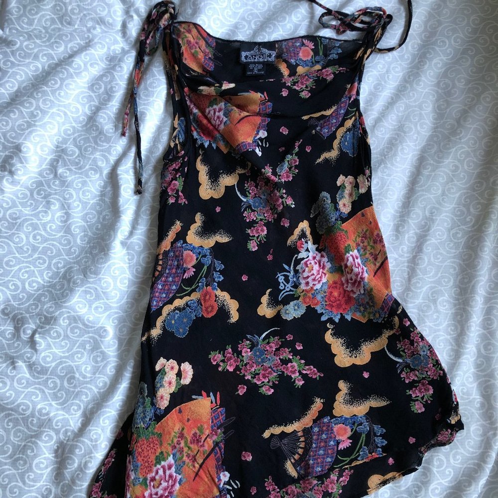 S Angie asian-print cowl neck asymmetrical hem top